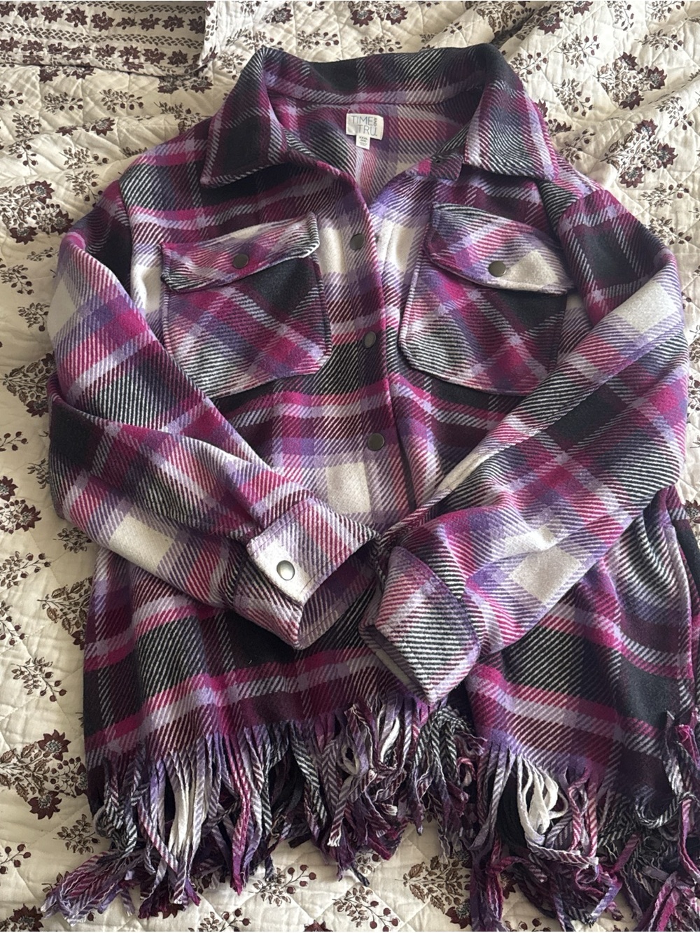Time and Tru Purple Plaid Fringe Shacket